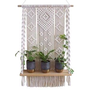 Handmade Macrame Floating Shelf Boho Rope Woven Tapestry Plant Hanger Wood